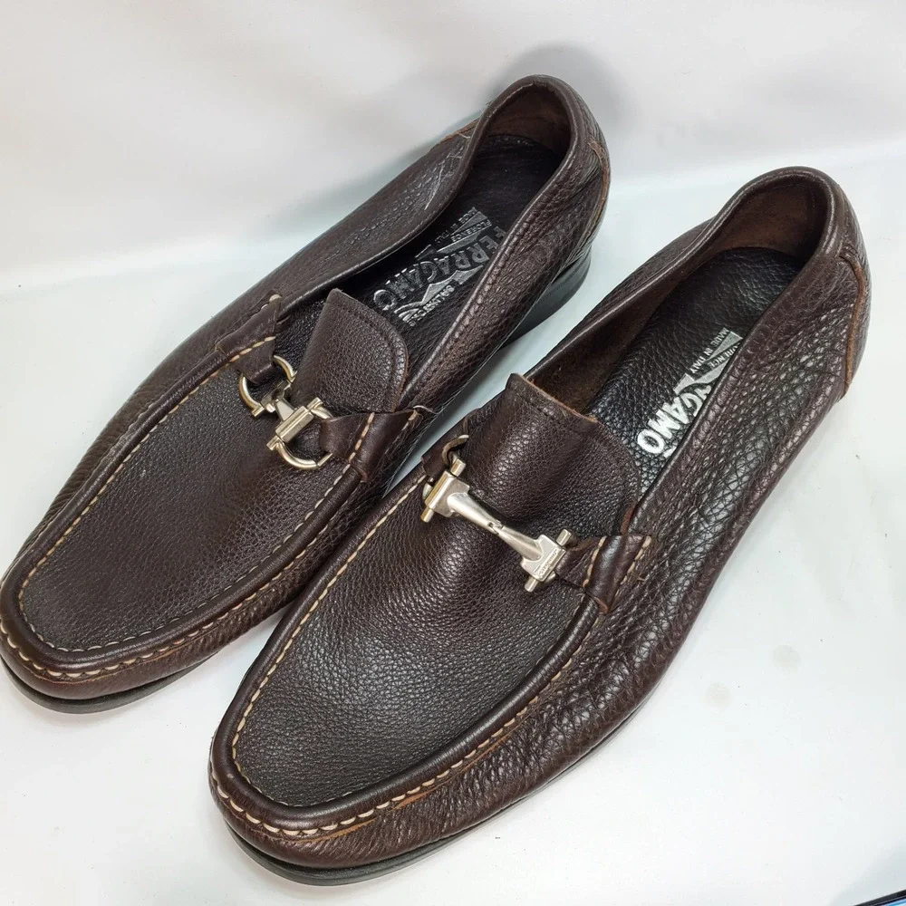 Salvatore Ferragamo Loafers Men 8.5 EEE Brown Gancini Bit Pebbled Leather Horse